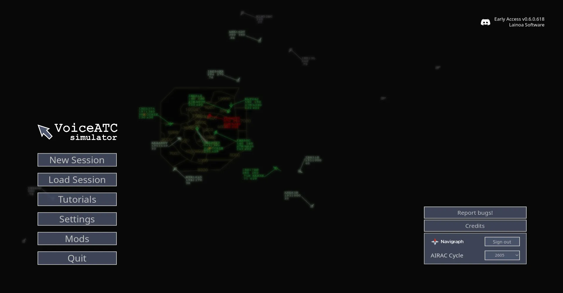 The VoiceATC Simulator main menu with New Session, Load Session, Tutorials, Settings, Mods and Quit.