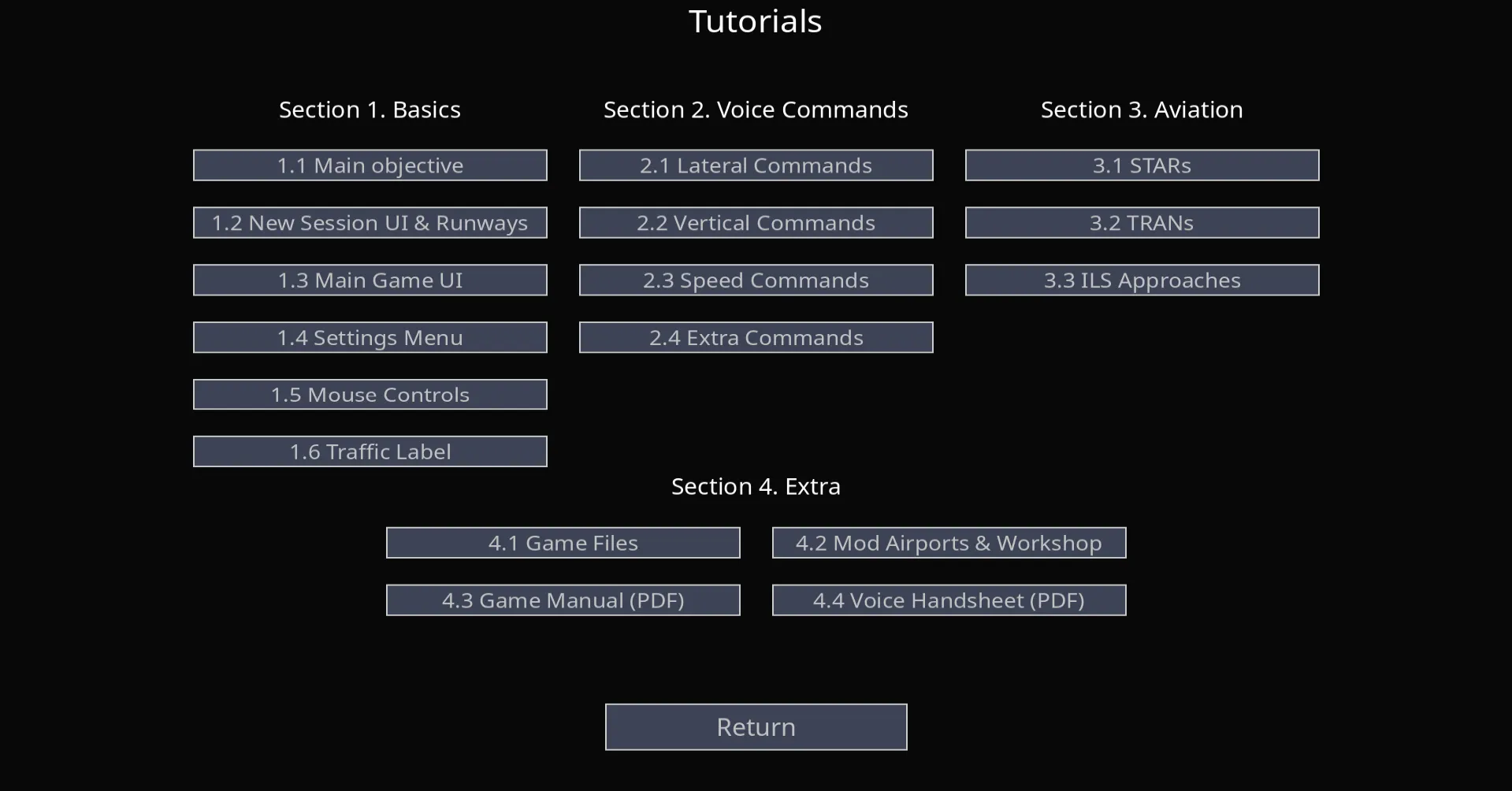 The Tutorials menu with Basics, Voice Commands, Aviation and Extra lesson groups.