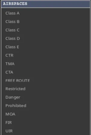 The expanded AIRSPACES menu with ICAO classes, CTR, TMA, CTA, free route, restricted, danger, prohibited, military areas and FIR/UIR boundaries.