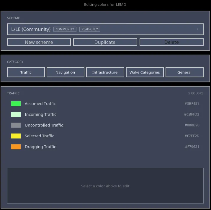 The Colors settings with the scheme list, the category list and the colour editor.