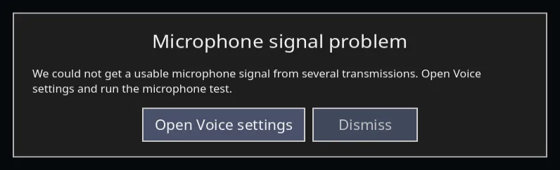 A Microphone signal problem dialog explaining that several transmissions had no usable microphone signal.